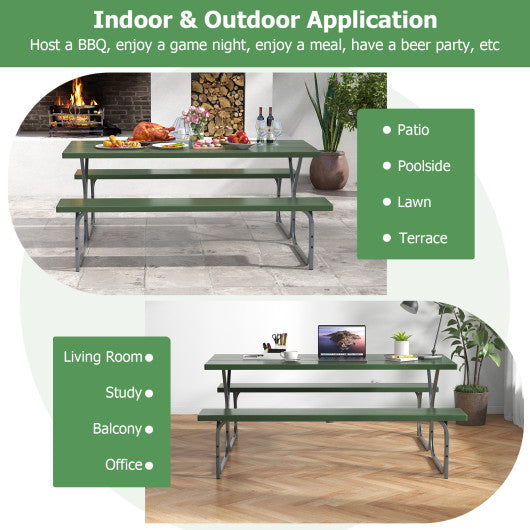 6 FT Picnic Table Bench Set Dining Table and 2 Benches with Metal Frame and HDPE Tabletop-Green