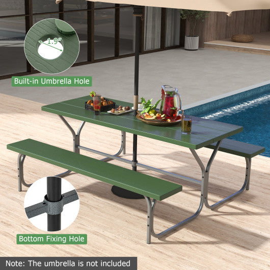 6 FT Picnic Table Bench Set Dining Table and 2 Benches with Metal Frame and HDPE Tabletop-Green
