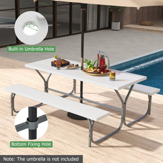 6 FT Picnic Table Bench Set Dining Table and 2 Benches with Metal Frame and HDPE Tabletop-White