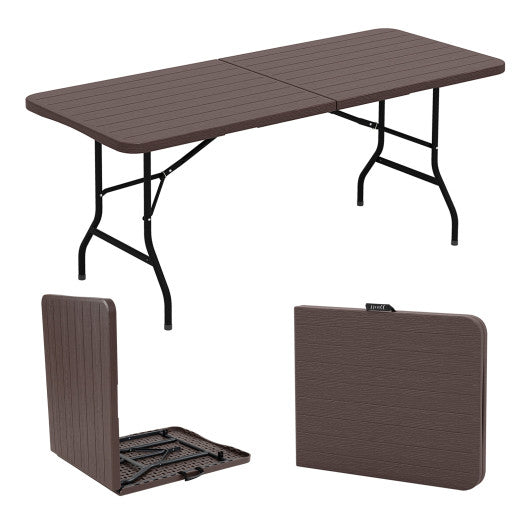 6 Feet Folding Table with Wood Grain HDPE Tabletop and Safe Lock Mechanism-Brown