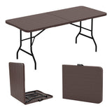 6 Feet Folding Table with Wood Grain HDPE Tabletop and Safe Lock Mechanism-Brown