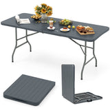 6 Feet Folding Table with Wood Grain HDPE Tabletop and Safe Lock Mechanism-Gray