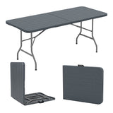 6 Feet Folding Table with Wood Grain HDPE Tabletop and Safe Lock Mechanism-Gray