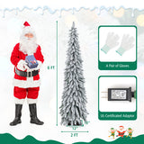 4/5/6 Feet Pre-Lit Artificial Christmas Tree Snow-Flocked Slim Pencil Xmas Decor-6 ft