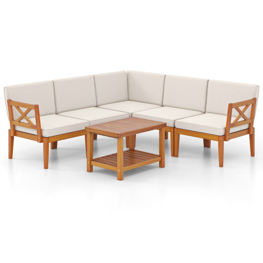 6 Pieces Acacia Wood Patio Furniture Set with Cushions and 2-Tier Coffee Table-White
