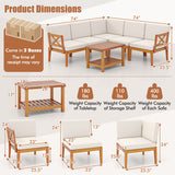 6 Pieces Acacia Wood Patio Furniture Set with Cushions and 2-Tier Coffee Table-White