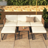 6 Pieces Acacia Wood Patio Furniture Set with Coffee Table and Ottomans-Beige