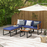 6 Piece Patio Acacia Wood Conversation Sofa Set with Ottomans and Coffee Table-Navy