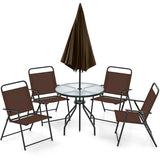 6 Pieces Patio Dining Set Folding Chairs Glass Table Tilt Umbrella for Garden-Coffee