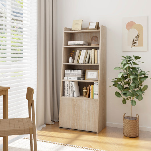 6-Tier Bookcase Freestanding Ladder Bookshelf with 2 Adjustable Shelves and Flip Up Door-Natural