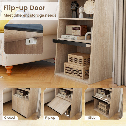 6-Tier Bookcase Freestanding Ladder Bookshelf with 2 Adjustable Shelves and Flip Up Door-Natural