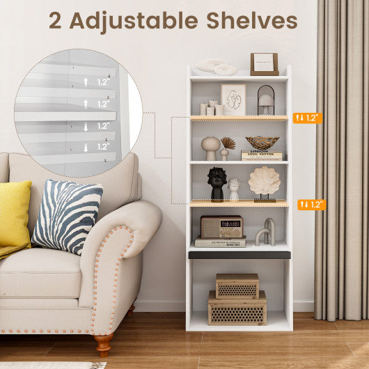 6-Tier Bookcase Freestanding Ladder Bookshelf with 2 Adjustable Shelves and Flip Up Door-White