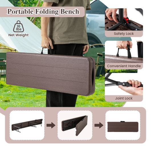 6 Feet Folding HDPE Bench with 1320 LBS Capacity and Handle Lock-Brown