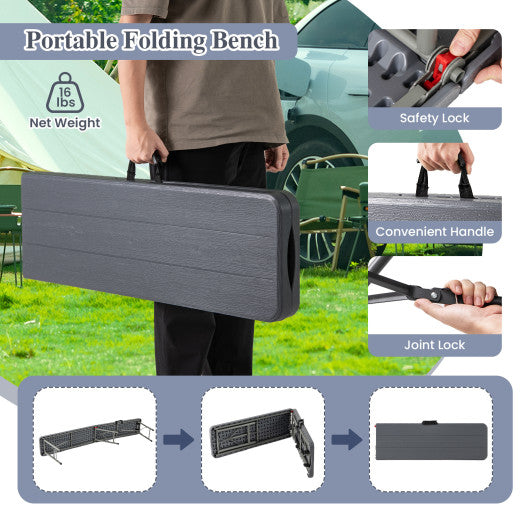 6 Feet Folding HDPE Bench with 1320 LBS Capacity and Handle Lock-Gray