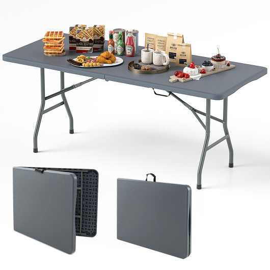 6 ft Portable Folding Table 350 LBS Fold-in-Half Table with HDPE Tabletop-Gray