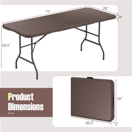 6 ft Portable Folding Table with Rattan-Like HDPE Tabletop and Safe Lock Mechanism-Brown