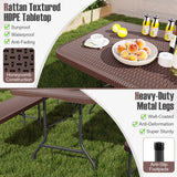 6 ft Portable Folding Table with Rattan-Like HDPE Tabletop and Safe Lock Mechanism-Brown