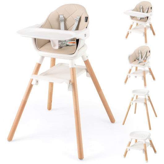 6 in 1 Convertible Highchair with Safety Harness and Removable Tray-Beige