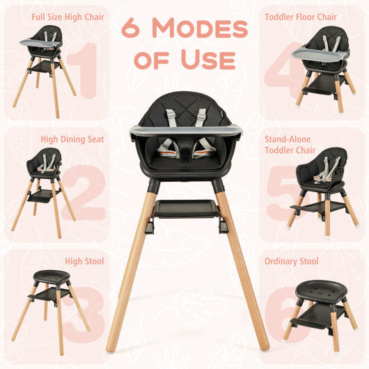 6 in 1 Convertible Highchair with Safety Harness and Removable Tray-Black