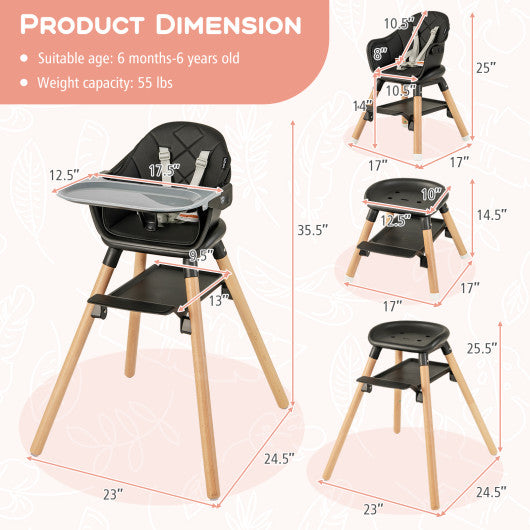 6 in 1 Convertible Highchair with Safety Harness and Removable Tray-Black