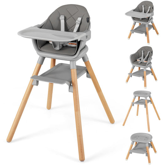 6 in 1 Convertible Highchair with Safety Harness and Removable Tray-Gray