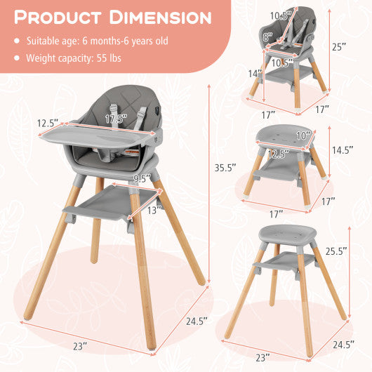 6 in 1 Convertible Highchair with Safety Harness and Removable Tray-Gray