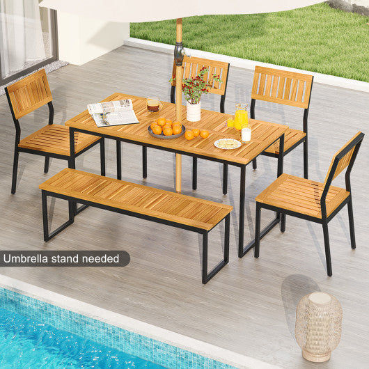 6 Pieces Outdoor Acacia Wood Dining Set with Bench and 2 Inches Umbrella Hole