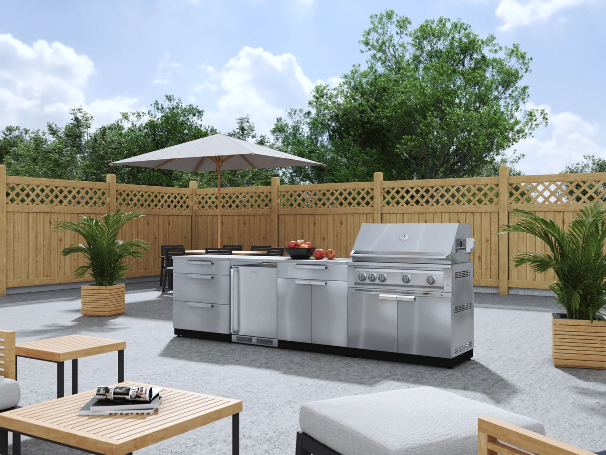 Outdoor Kitchen Stainless Steel 7 Piece Cabinet Set with 3-Drawer, Bar, Grill Cabinet, Platinum Grill, Countertop, and Stainless Steel Door Fridge