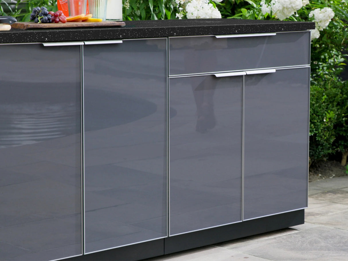 Outdoor Kitchen Aluminum 5 Piece Cabinet Set with 3-Drawer, 2-Door Cabinet, Countertops and Fridge