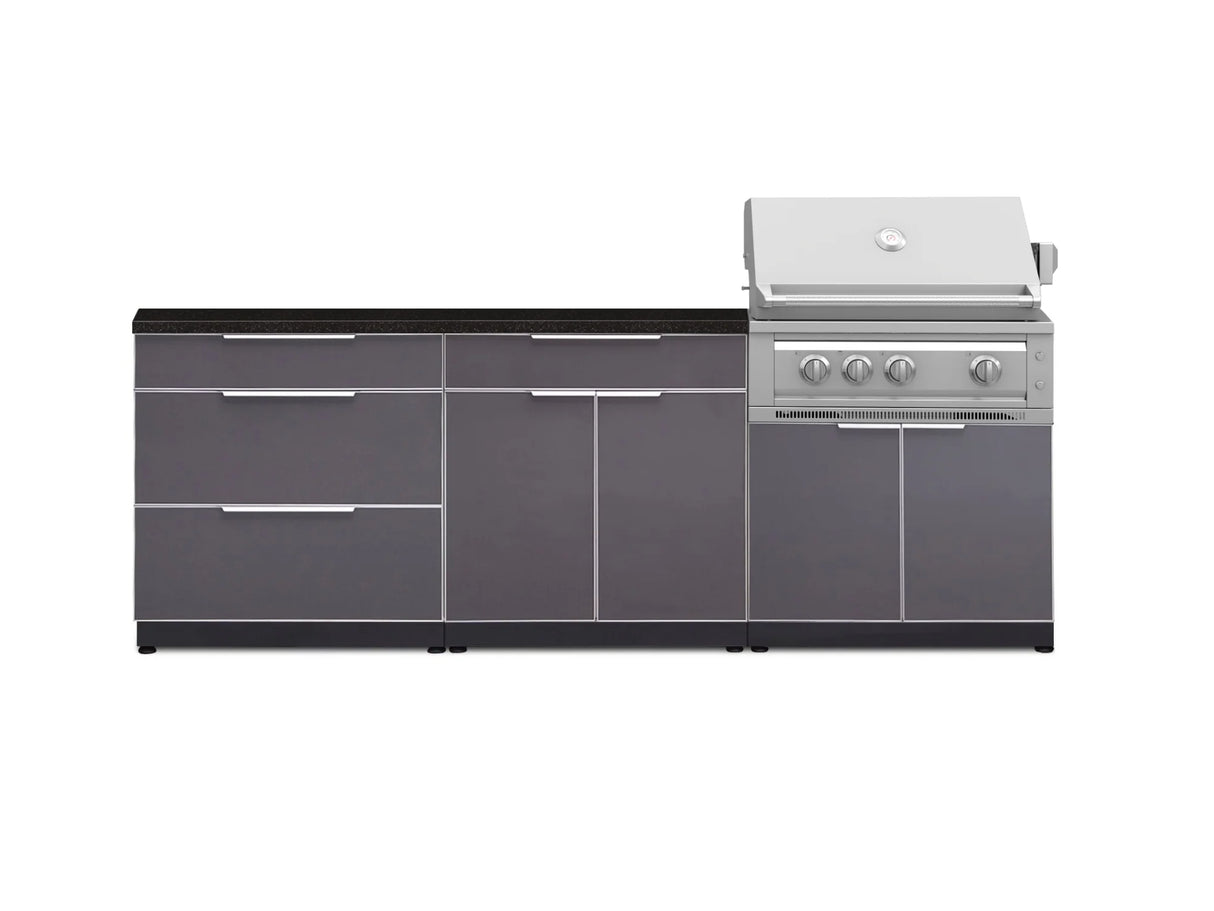 Outdoor Kitchen Aluminum 5 Piece Cabinet Set with 3 Drawer, Bar, Grill Cabinet, Platinum Grill and Countertop