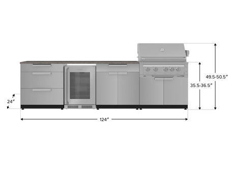 Outdoor Kitchen Stainless Steel 7 Piece Cabinet Set with 3-Drawer, Bar, Grill Cabinet, Platinum Grill, Countertop, and Glass Door Fridge