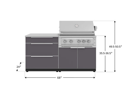 Outdoor Kitchen Aluminum 4 Piece Cabinet Set with 3 Drawer, Grill Cabinet, Platinum Grill and Countertop