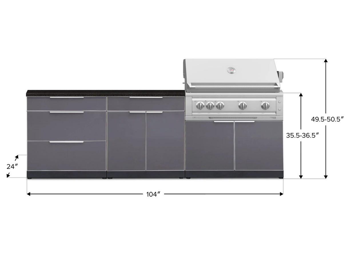 Outdoor Kitchen Aluminum 5 Piece Cabinet Set with 3 Drawer, Bar, Grill Cabinet, Platinum Grill and Countertop