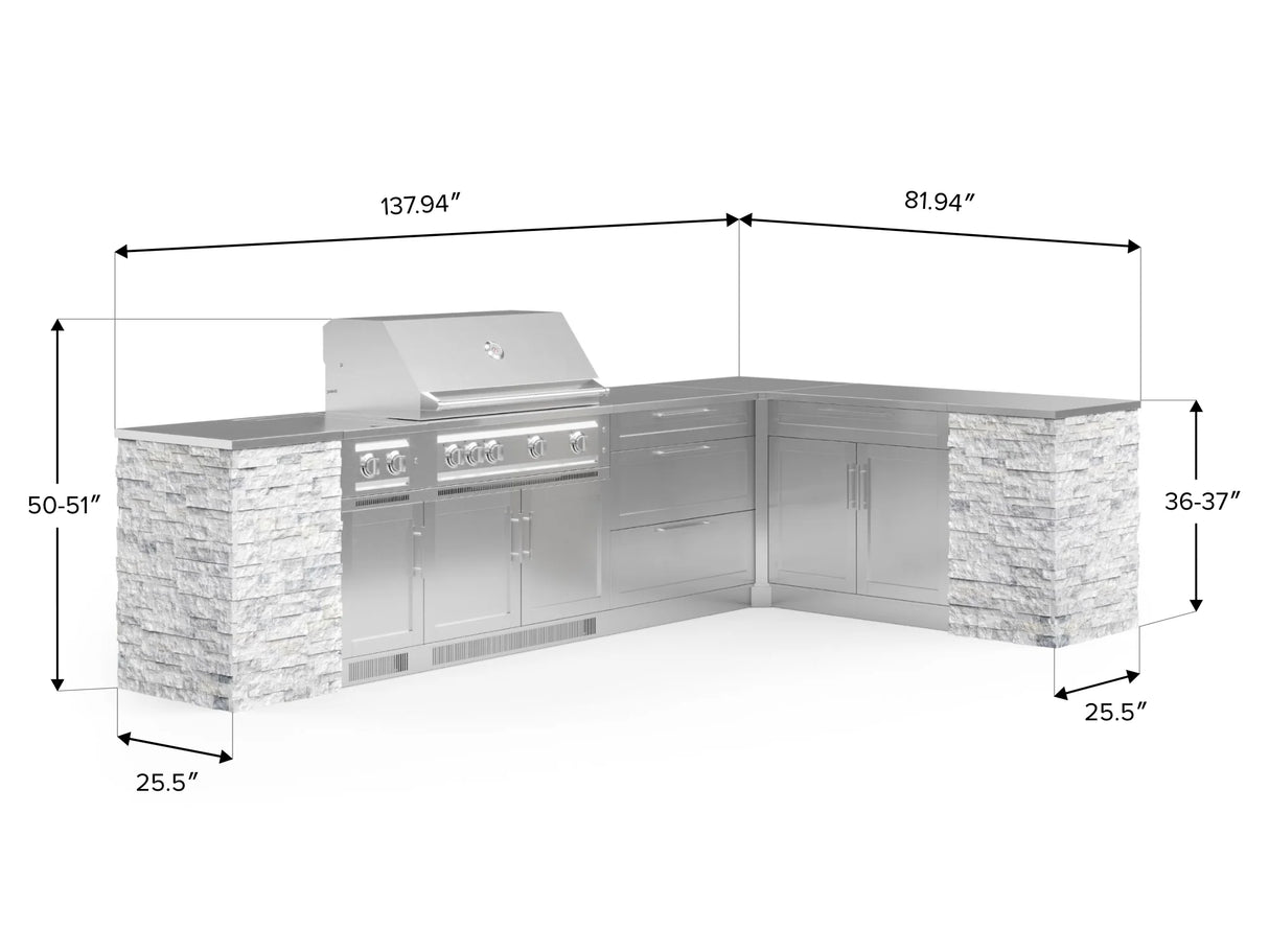 Outdoor Kitchen Signature Series 11 Piece L Shaped Cabinet Set with 3 Drawer, Bar, Dual Side Burner, Grill and Grill Cabinet