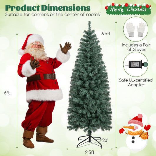 6.5 Feet Pre-Lit Blue Artificial Christmas Tree Slim with 9 Lighting Modes-6.5 ft