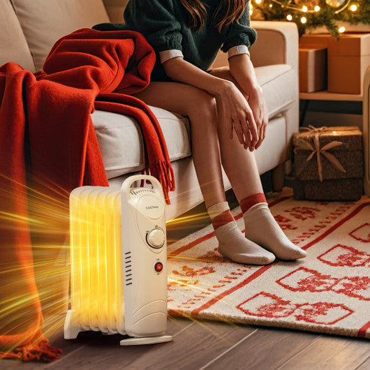 700W Electric Oil Filled Radiator Heater with Adjustable Thermostat-White