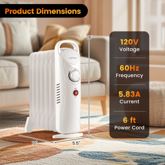 700W Electric Oil Filled Radiator Heater with Adjustable Thermostat-White
