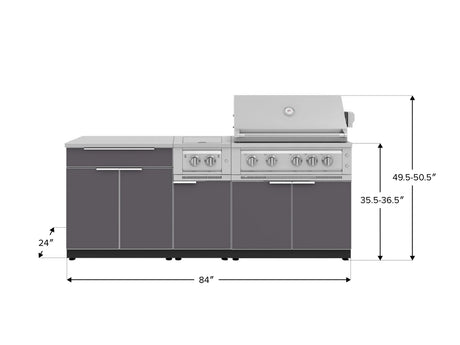 Outdoor Kitchen Aluminum 6 Piece Cabinet Set with Platinum Grill, Dual Side Burner, Bar and Grill Cabinet and Stainless Steel Countertop