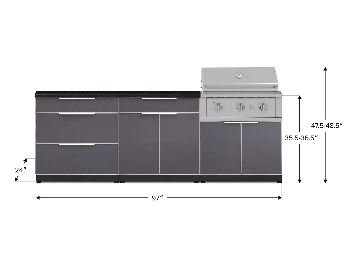 Outdoor Kitchen Aluminum 5 Piece Cabinet Set with 3 Drawer, Bar, Grill Cabinet, Performance Grill and Countertop