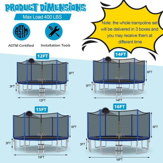 12/14/15/16 Feet Outdoor Recreational Trampoline with Enclosure Net-12 ft