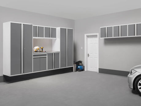 Pro Series 7 Piece Cabinet Set with Base, Wall, Tool Drawer Cabinet, Lockers and 56 In. Worktop