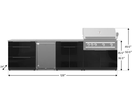 Outdoor Kitchen Aluminum 7 Piece Cabinet Set with 3-Drawer, Bar, Grill Cabinet, Platinum Grill, Countertops and Stainless Steel Door Fridge