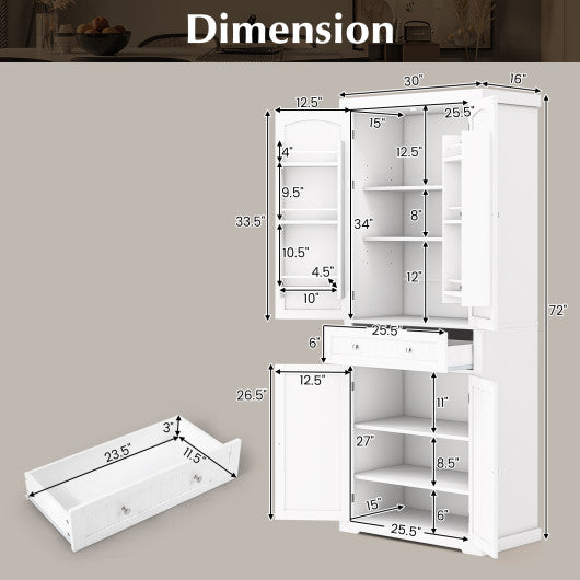 72 Inch Freestanding Kitchen Pantry Cabinet 4 Doors Storage Cupboard Shelves Drawer-White