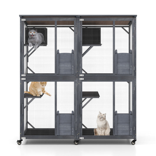 72 Inch Large Wooden Cat House Catio Kitten Enclosure on Wheels with Weatherproof Asphalt Roof-Gray