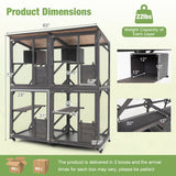 72 Inch Large Wooden Cat House Catio Kitten Enclosure on Wheels with Weatherproof Asphalt Roof-Gray