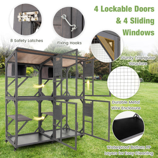 72 Inch Large Wooden Cat House Catio Kitten Enclosure on Wheels with Weatherproof Asphalt Roof-Gray