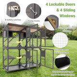 72 Inch Large Wooden Cat House Catio Kitten Enclosure on Wheels with Weatherproof Asphalt Roof-Gray