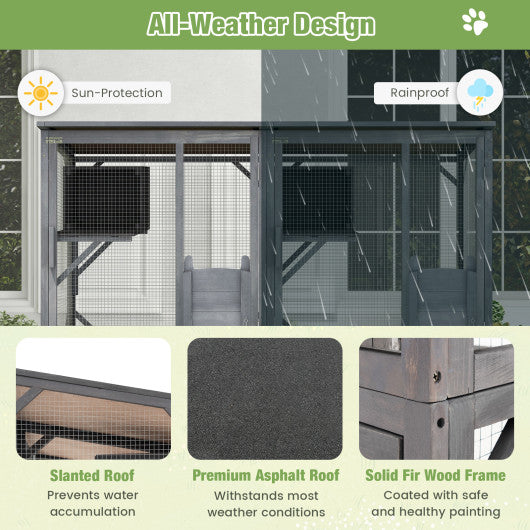 72 Inch Large Wooden Cat House Catio Kitten Enclosure on Wheels with Weatherproof Asphalt Roof-Gray
