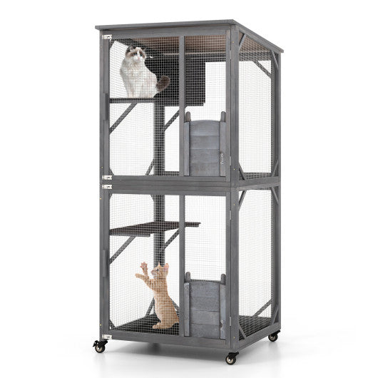 72 Inch TallWooden Cat House with Weatherproof Asphalt Roof-Gray