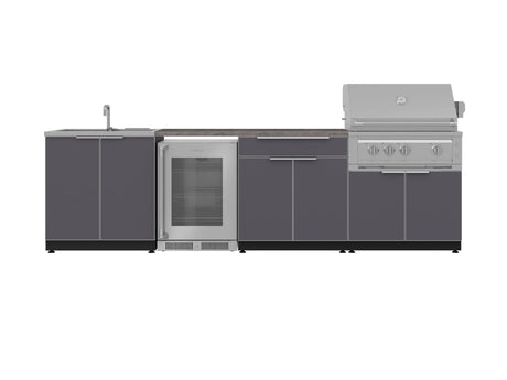 Outdoor Kitchen Aluminum 6 Piece Cabinet Set with Sink, Bar, Grill Cabinet, Platinum Grill, Countertop and Glass Door Fridge